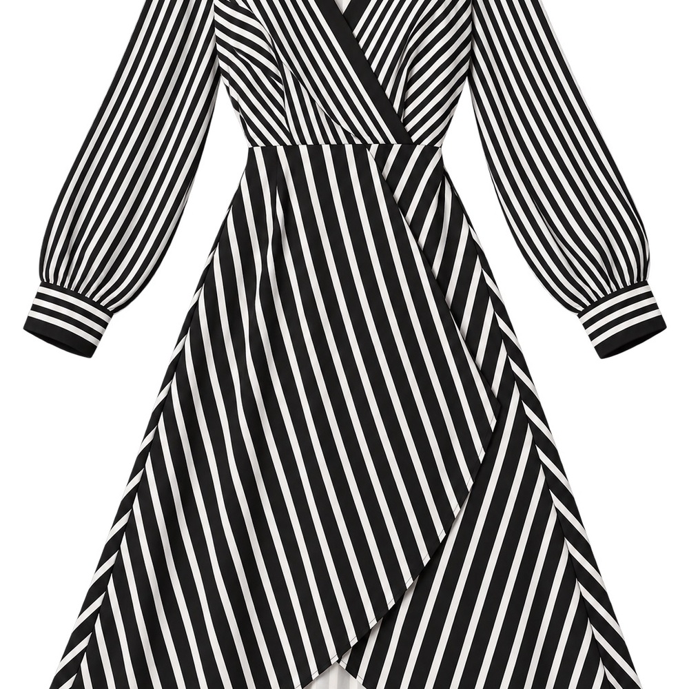 Black & White Striped Wrap Midi Dress